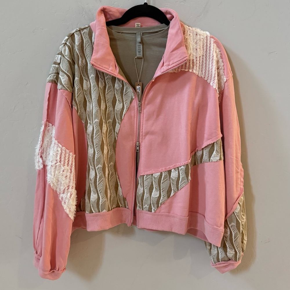 POL 2 piece Outfit, Pink, Cream, and Green Bomber Jacket and Pant, Size Medium - Picture 4 of 16